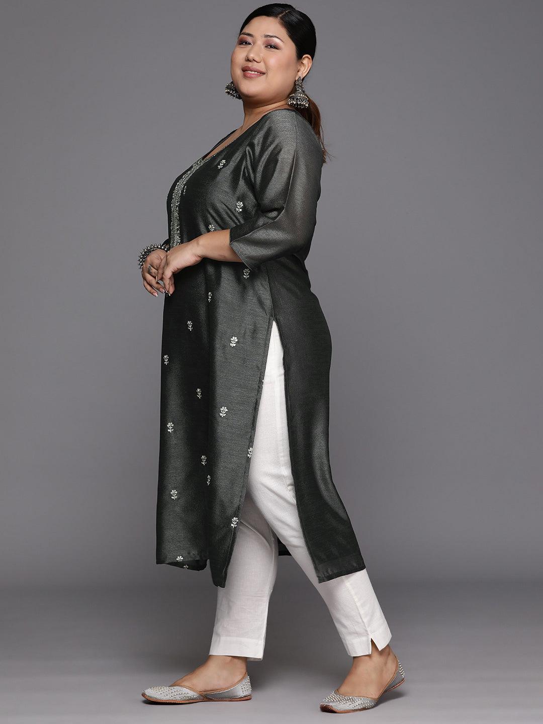 Plus Size Grey Embroidered Silk Straight Kurta - Libas