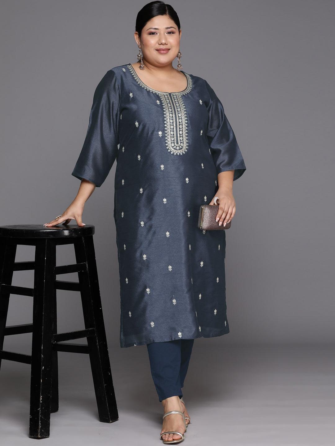 Plus Size Grey Embroidered Silk Straight Kurta - Libas