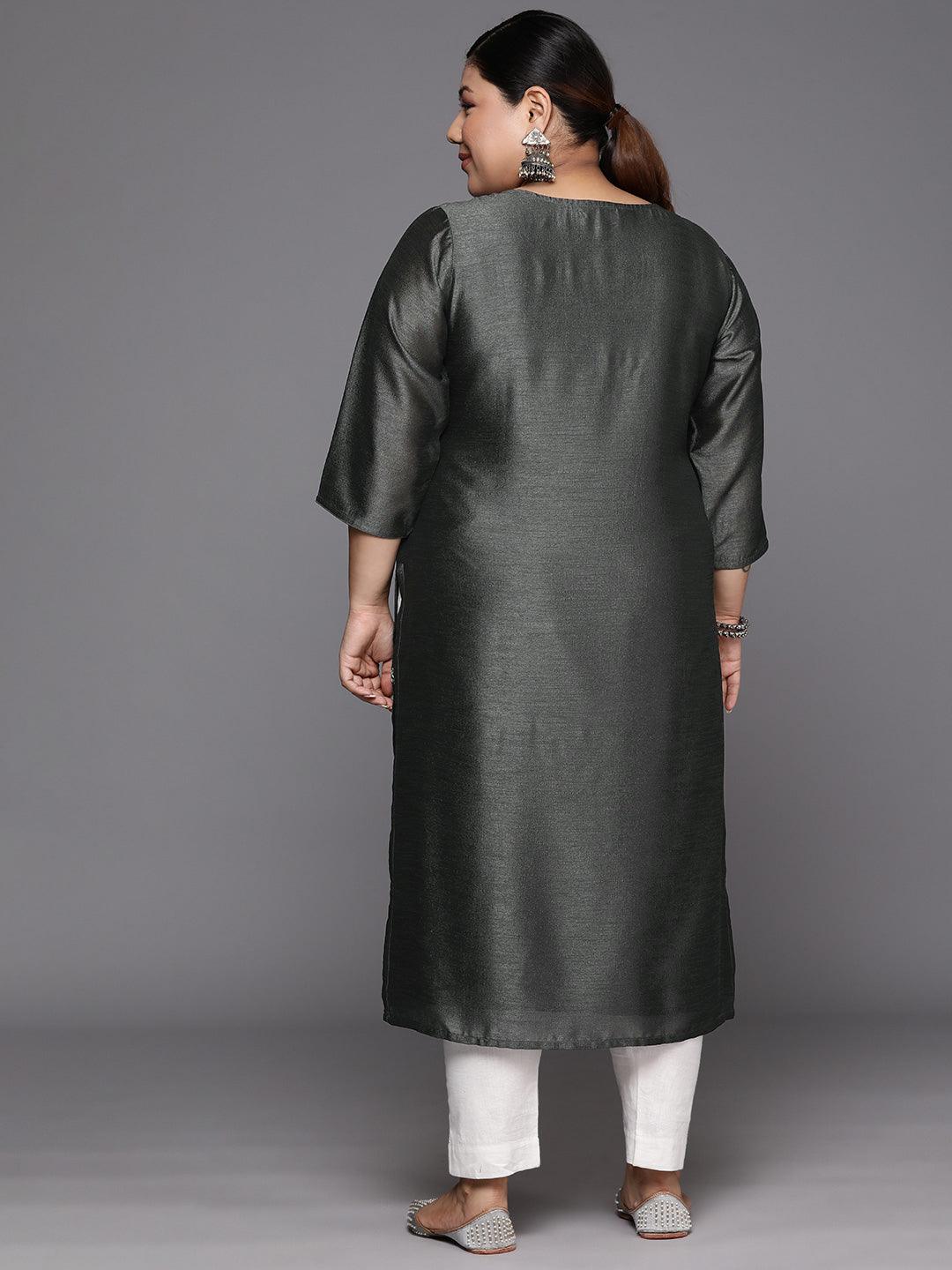 Plus Size Grey Embroidered Silk Straight Kurta - Libas