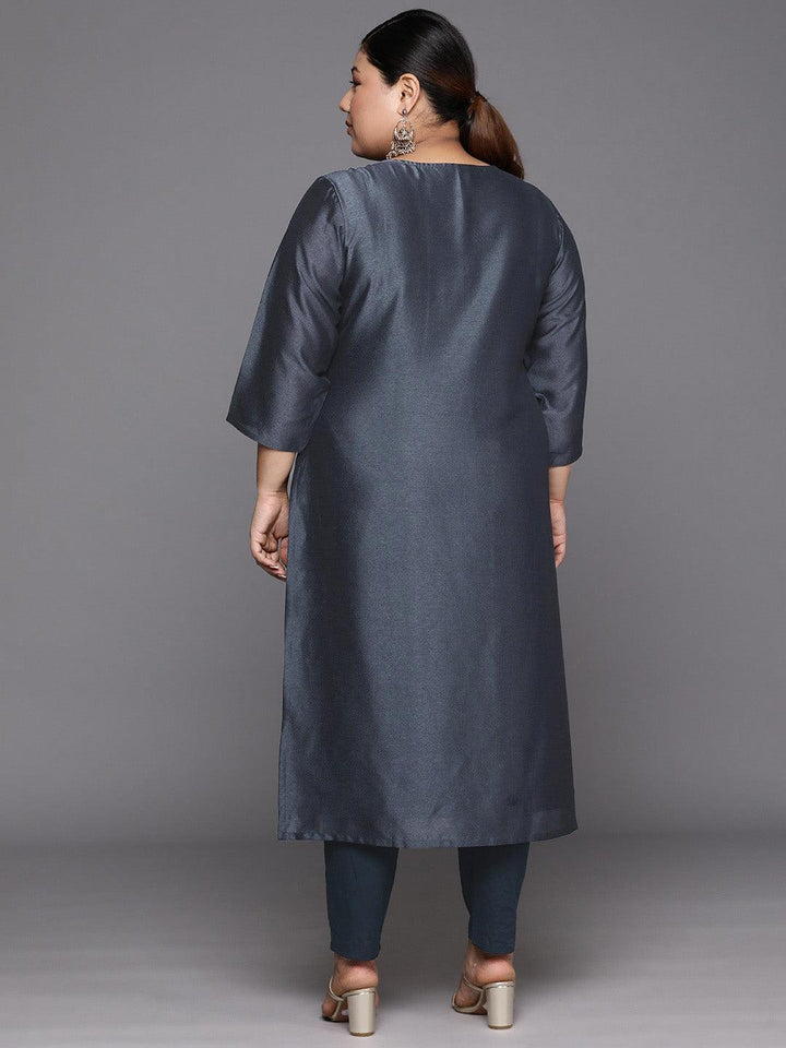 Plus Size Grey Embroidered Silk Straight Kurta - Libas