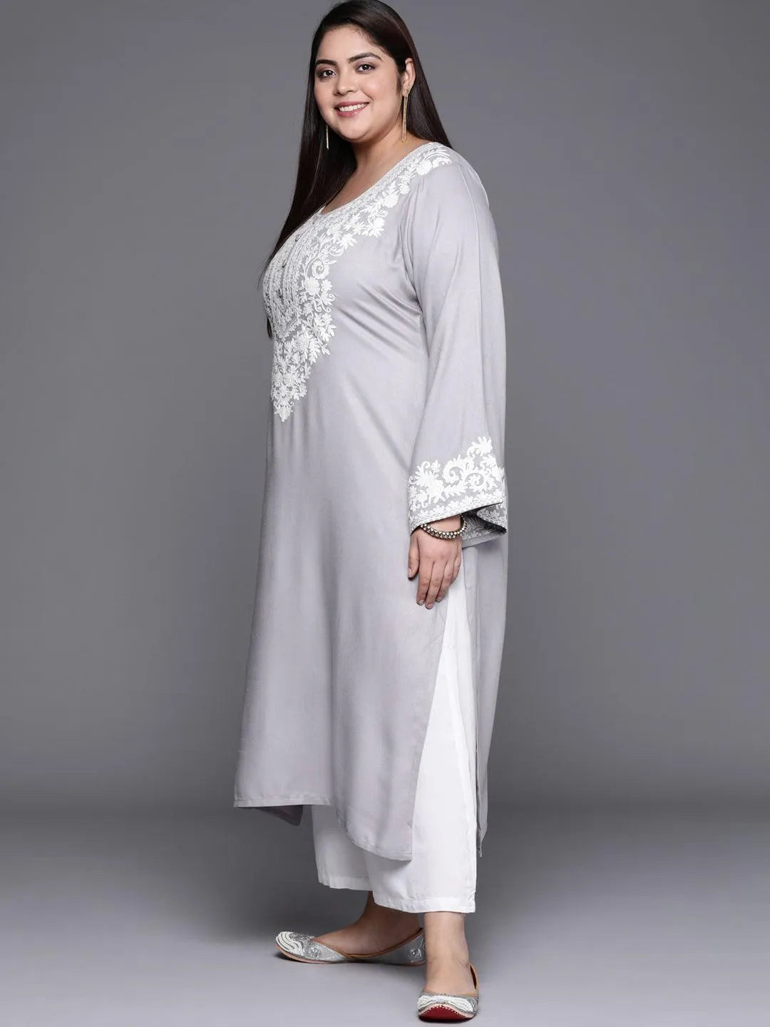 Plus Size Grey Embroidered Wool Kurta - Libas