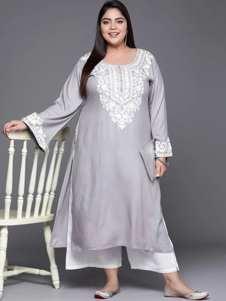 Plus Size Grey Embroidered Wool Kurta - Libas