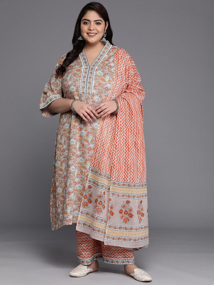 Plus Size Grey Printed Cotton A-Line Suit Set - Libas