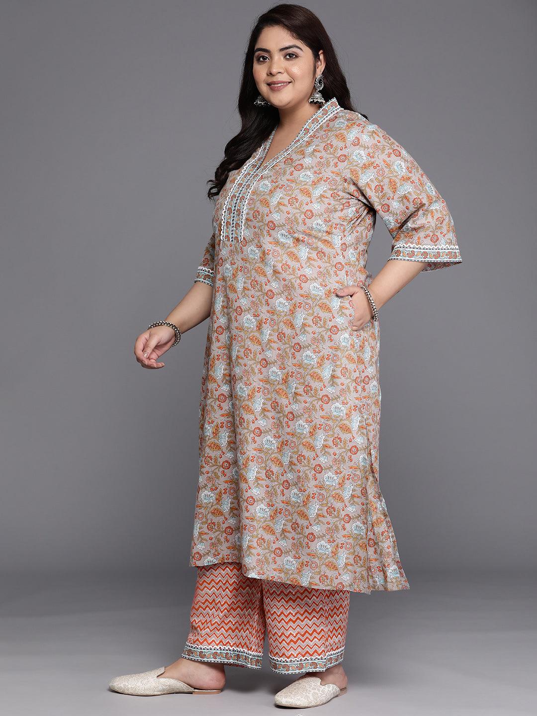 Plus Size Grey Printed Cotton A-Line Suit Set - Libas