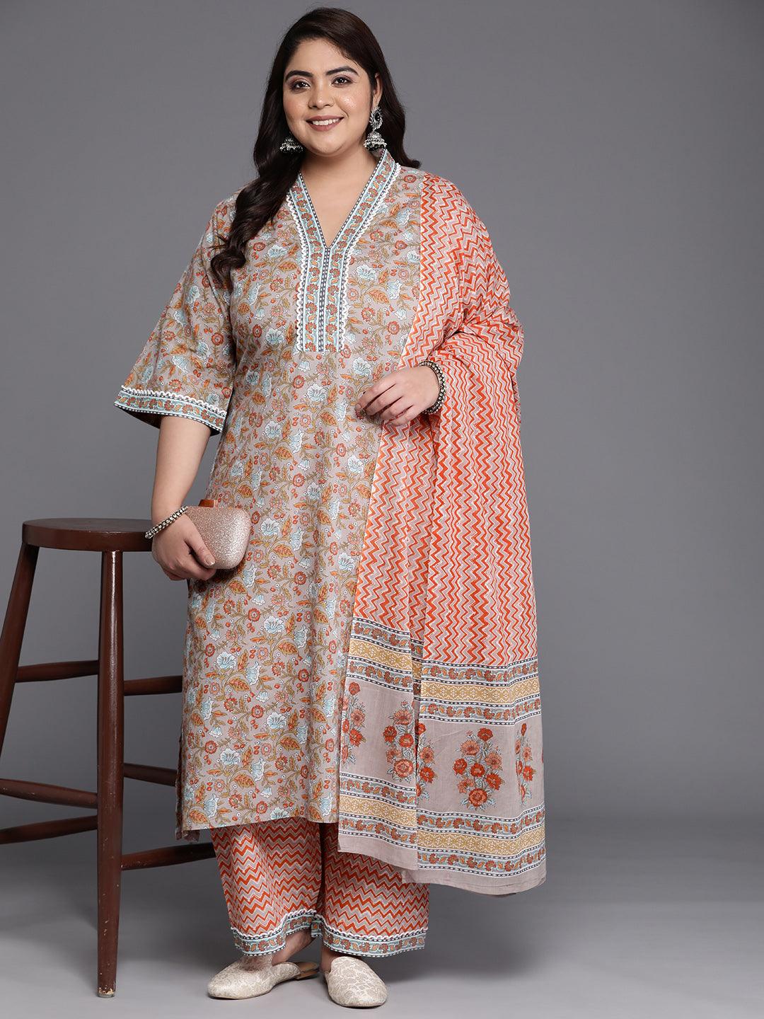 Plus Size Grey Printed Cotton A-Line Suit Set - Libas