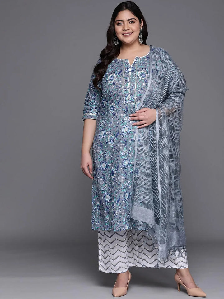 Plus Size Grey Printed Cotton Suit Set - Libas