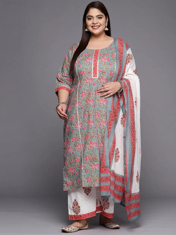 Plus Size Grey Printed Cotton Straight Suit Set - Libas