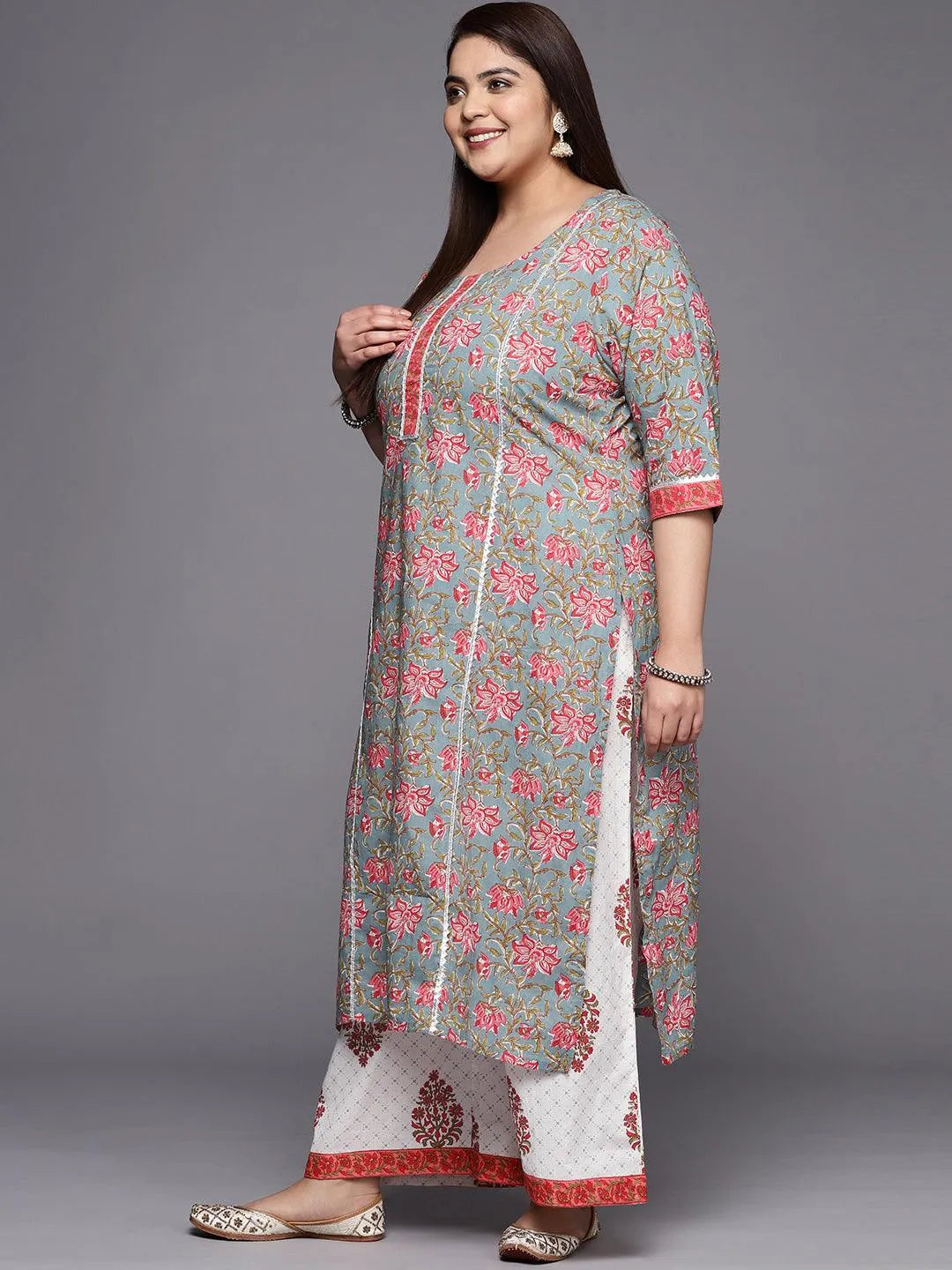 Plus Size Grey Printed Cotton Straight Suit Set - Libas 