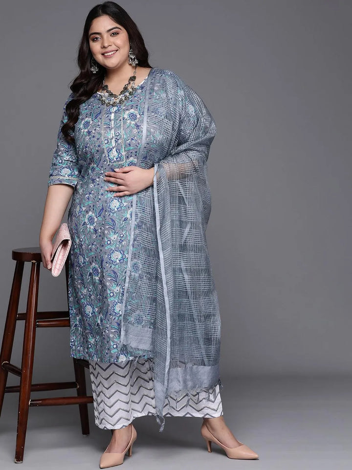 Plus Size Grey Printed Cotton Suit Set - Libas