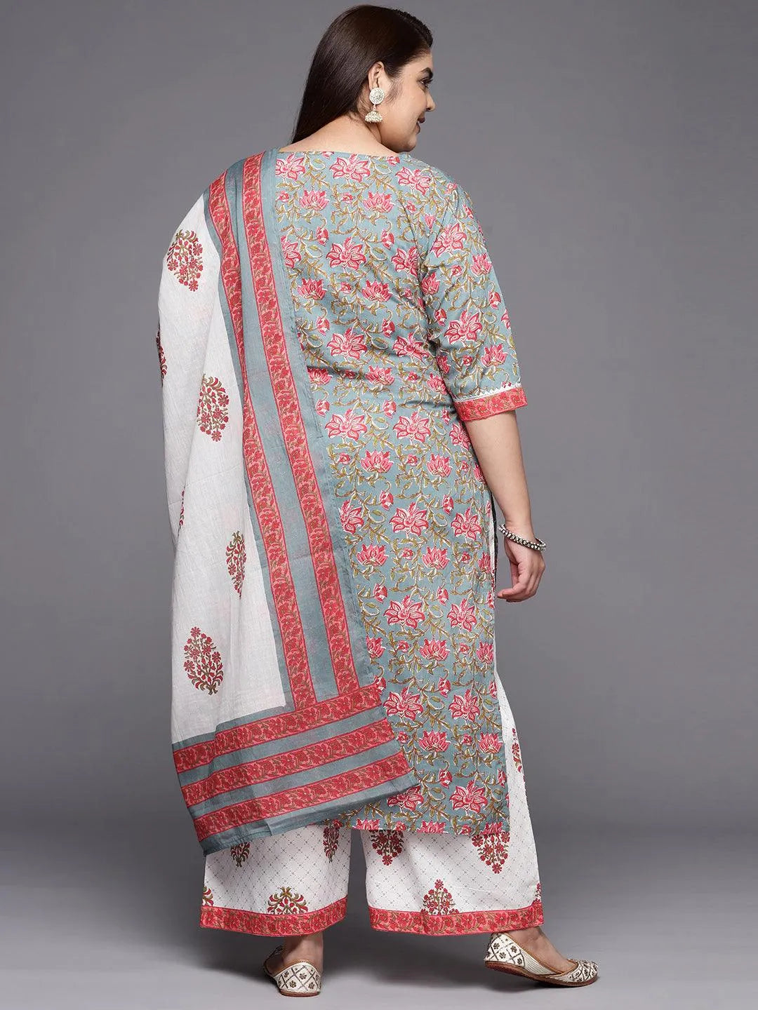 Plus Size Grey Printed Cotton Straight Suit Set - Libas 