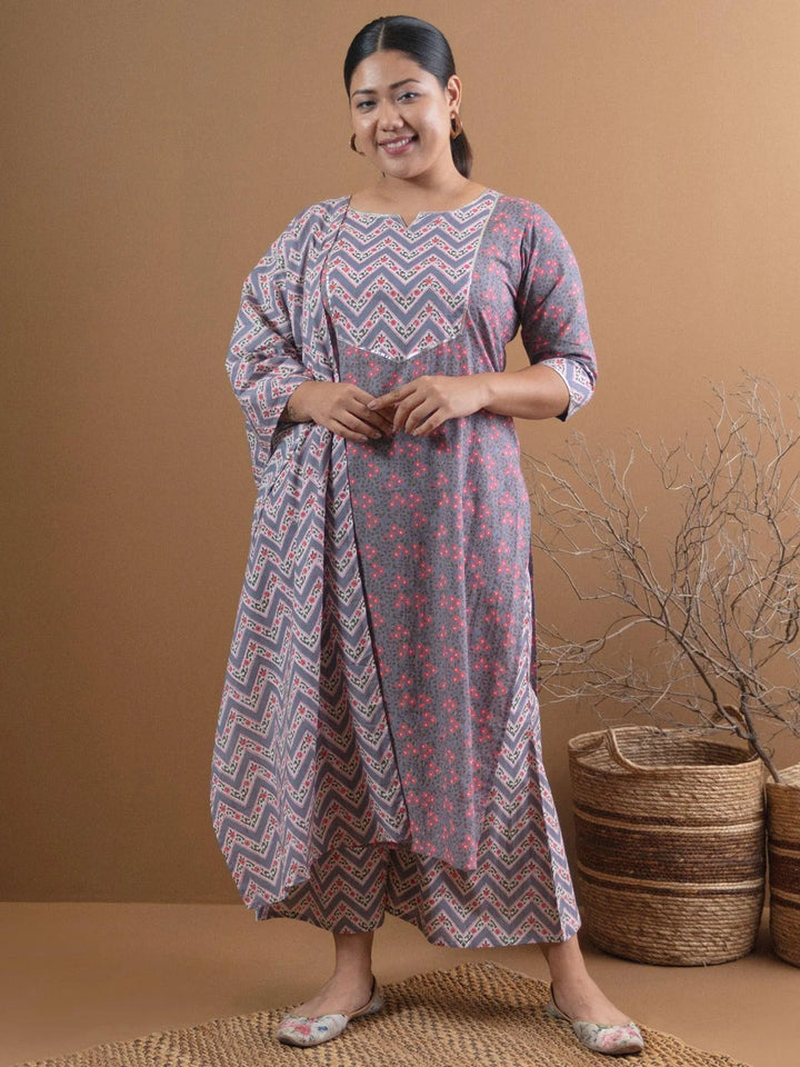 Plus Size Grey Printed Cotton Suit Set - Libas