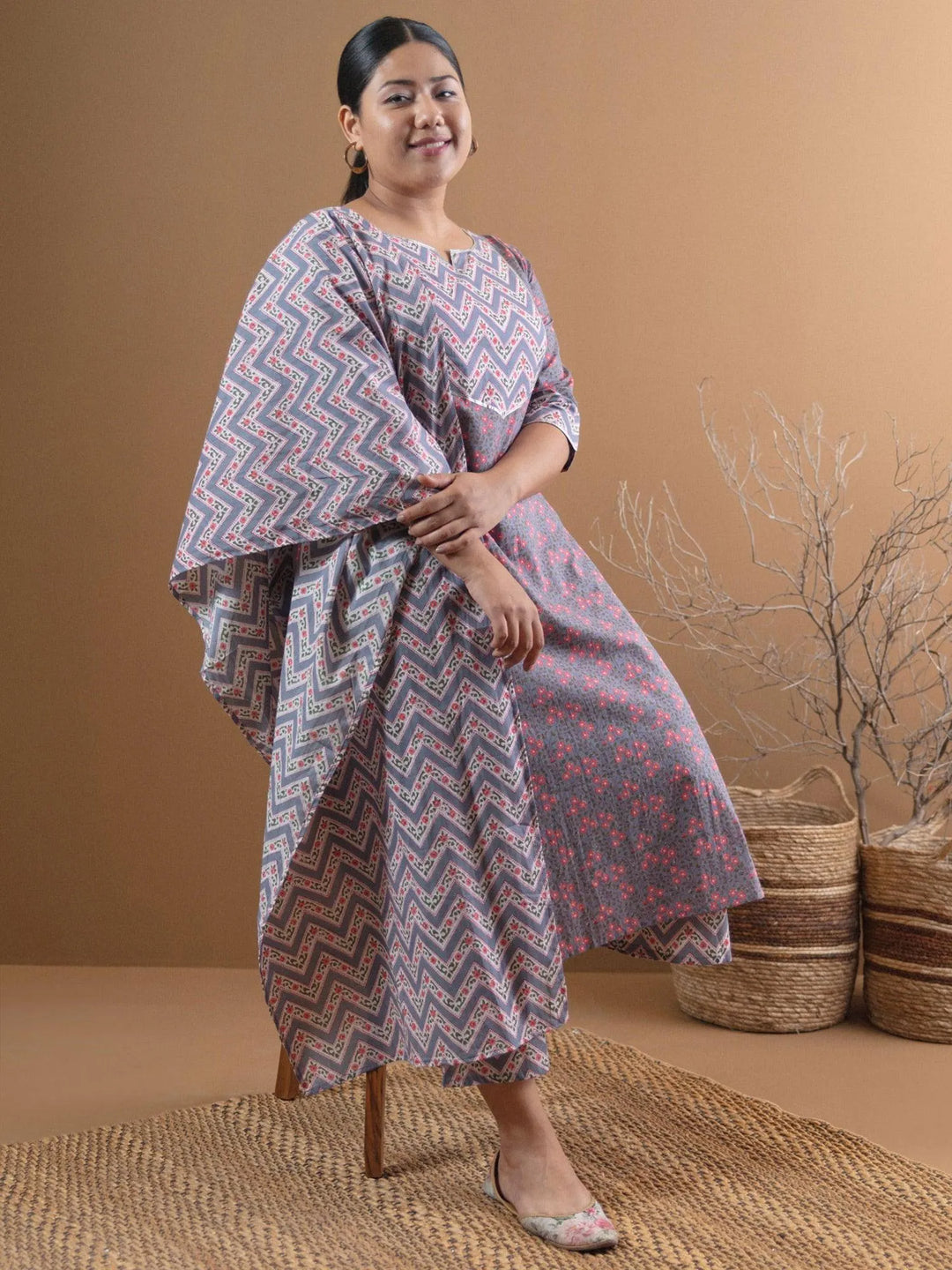 Plus Size Grey Printed Cotton Suit Set - Libas