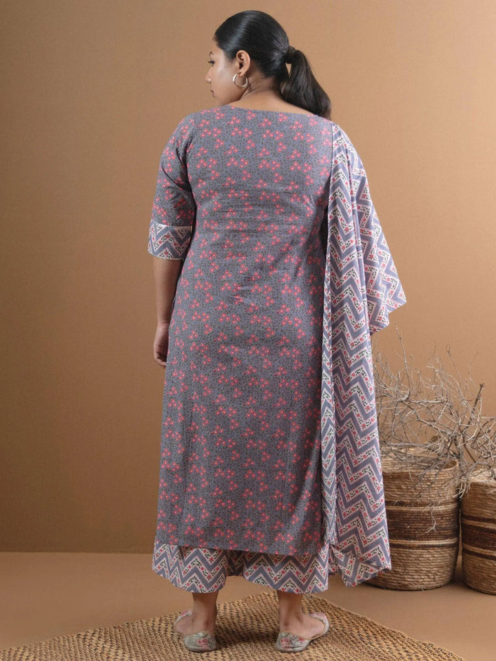 Plus Size Grey Printed Cotton Suit Set - Libas