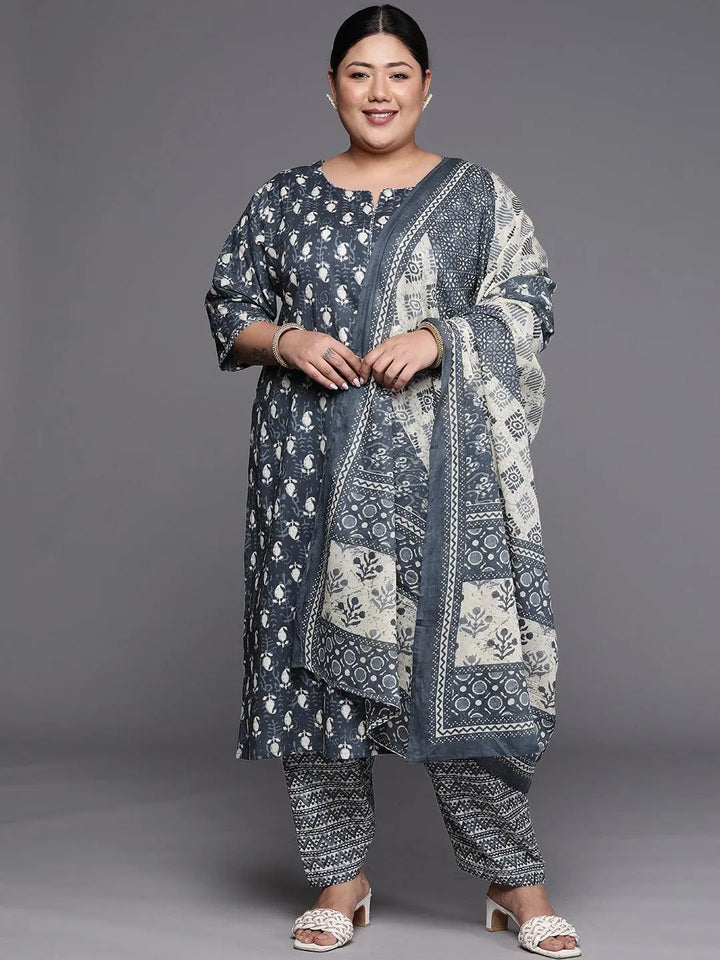 Plus Size Grey Printed Cotton Straight Suit Set - Libas