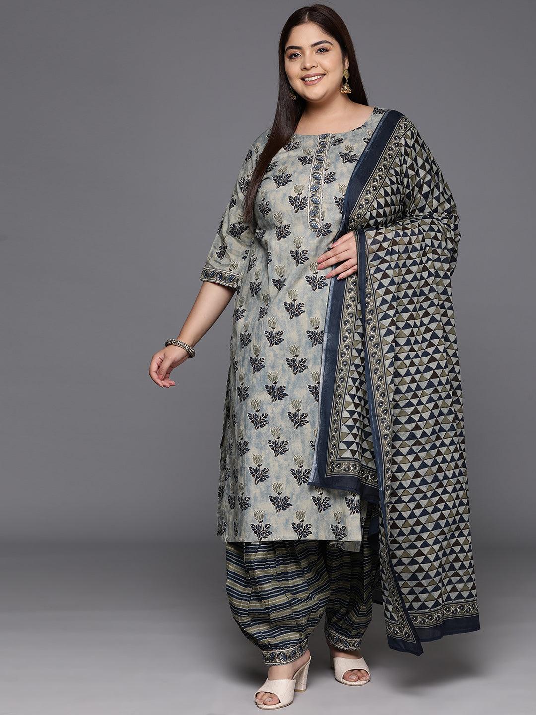 Plus Size Grey Printed Cotton Straight Kurta With Salwar & Dupatta - Libas 