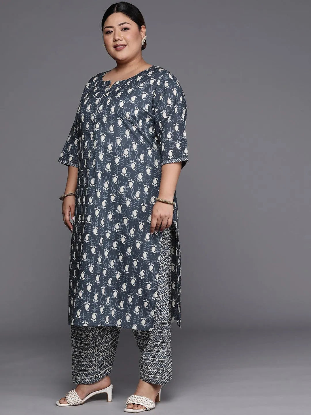 Plus Size Grey Printed Cotton Straight Suit Set - Libas