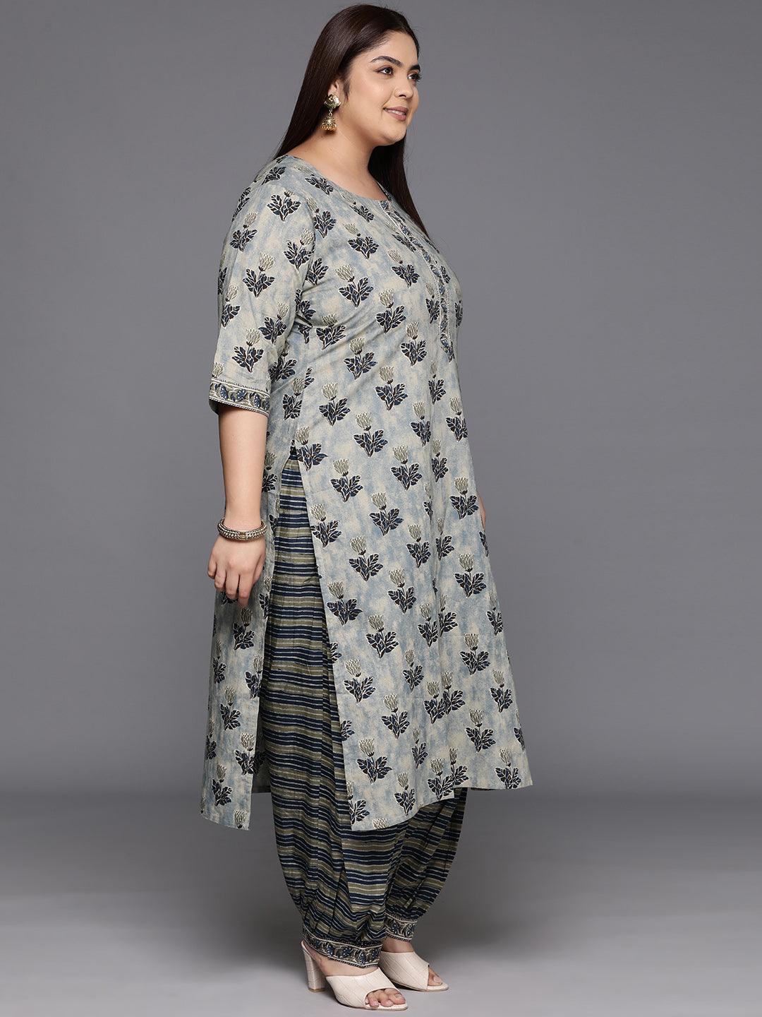 Plus Size Grey Printed Cotton Straight Kurta With Salwar & Dupatta - Libas 