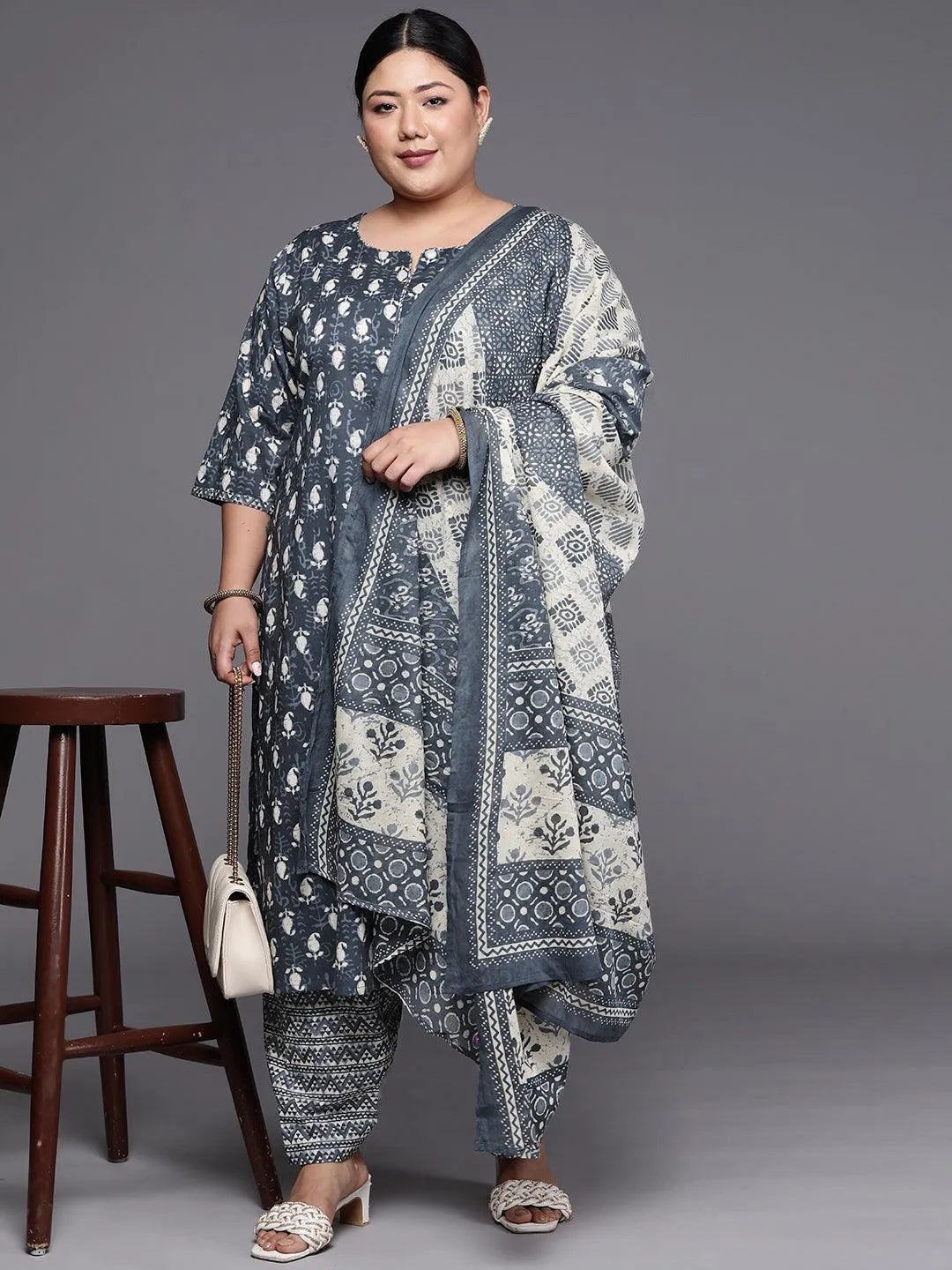 Plus Size Grey Printed Cotton Straight Suit Set - Libas 