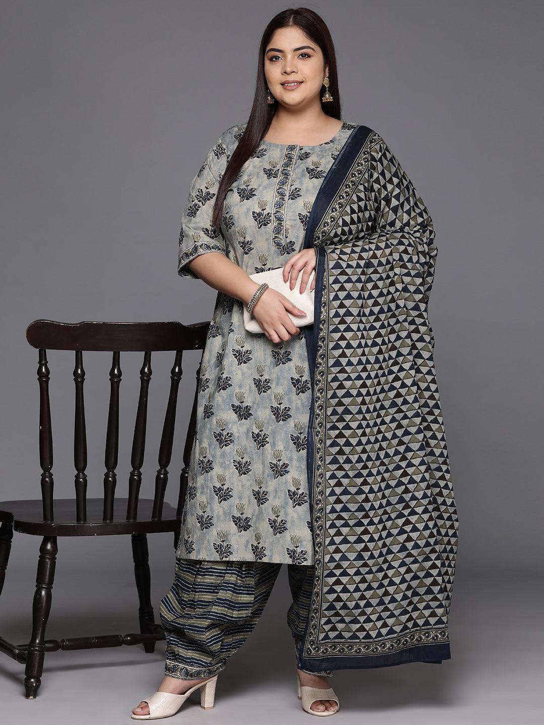 Plus Size Grey Printed Cotton Straight Kurta With Salwar & Dupatta - Libas 