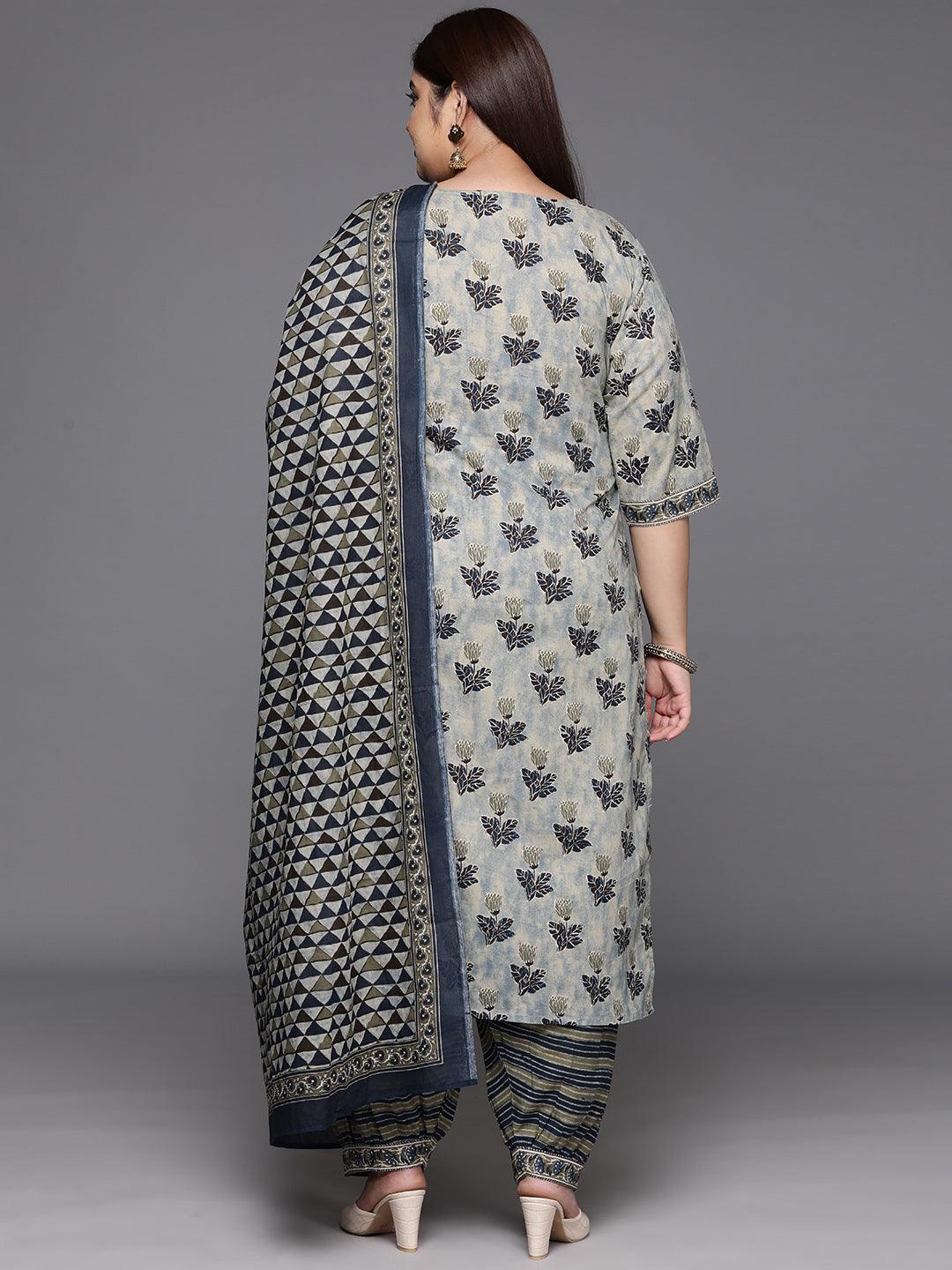 Plus Size Grey Printed Cotton Straight Kurta With Salwar & Dupatta - Libas 