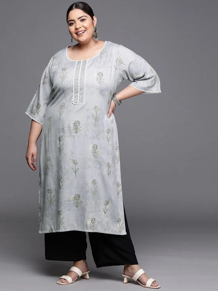 Plus Size Grey Printed Rayon Kurta - Libas