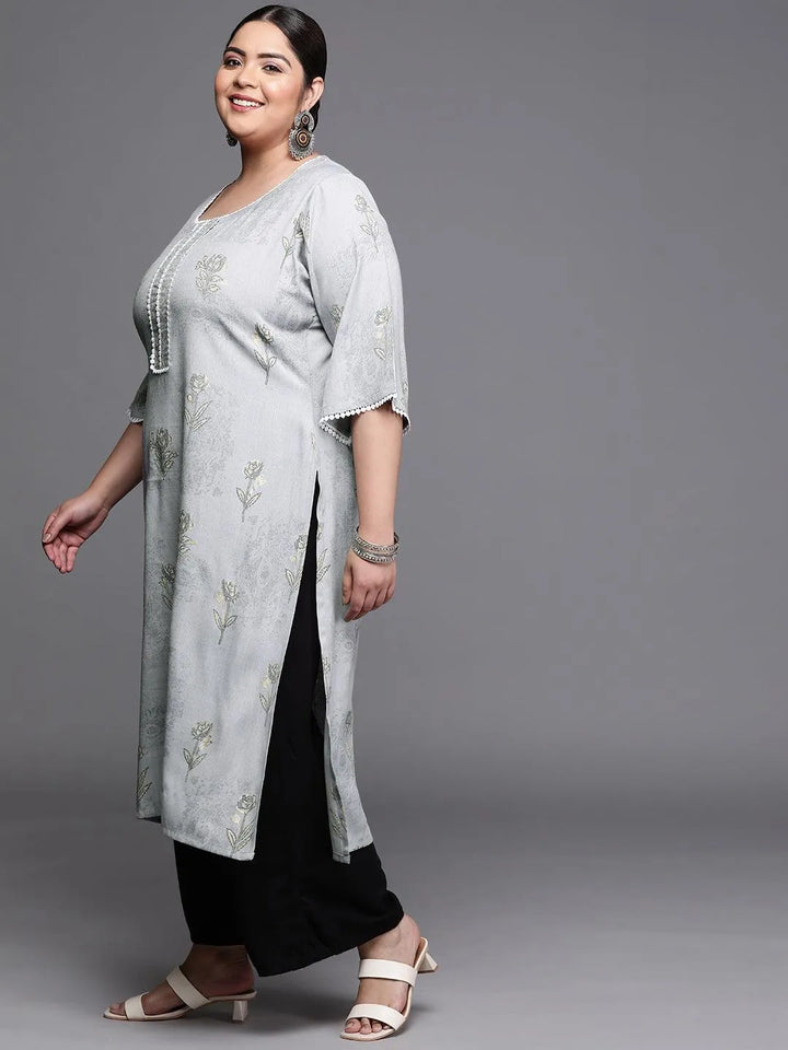 Plus Size Grey Printed Rayon Kurta - Libas