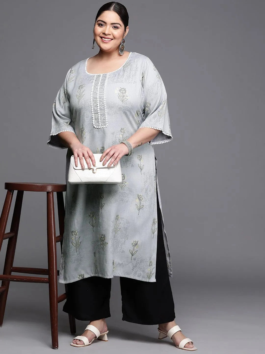 Plus Size Grey Printed Rayon Kurta - Libas