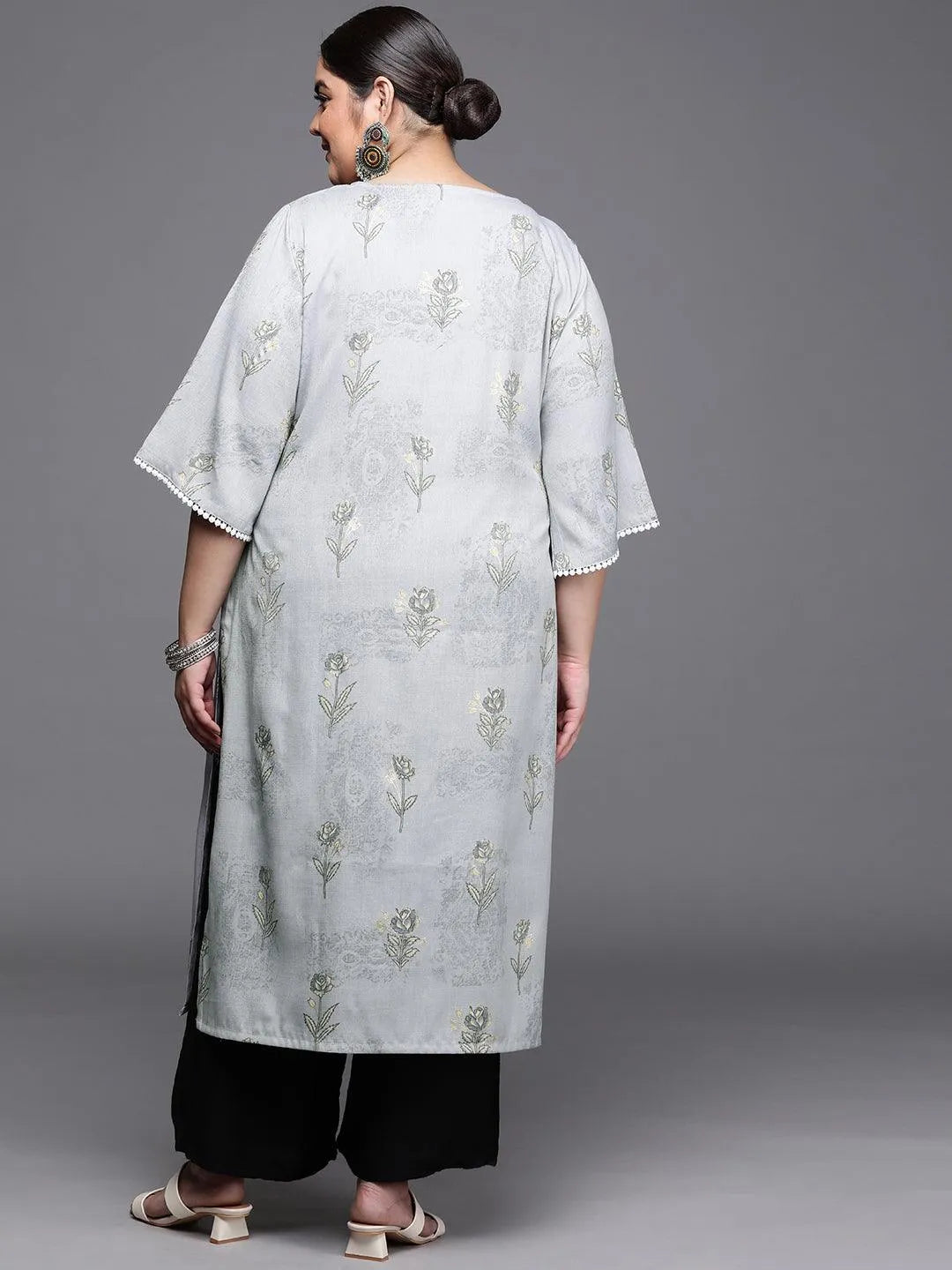 Plus Size Grey Printed Rayon Kurta - Libas