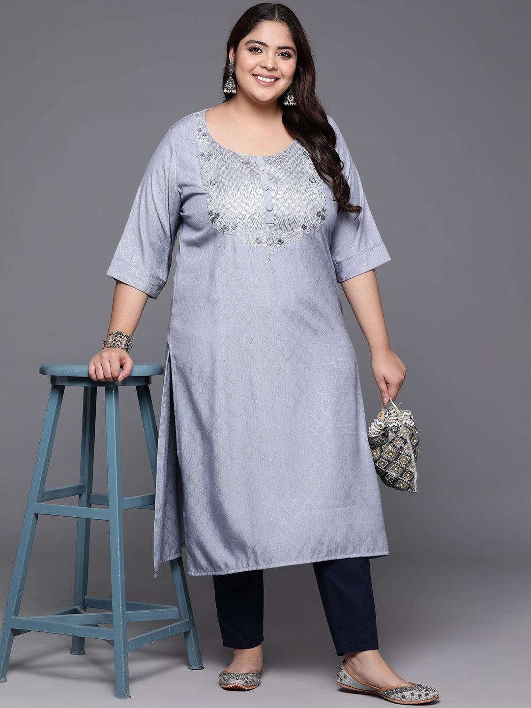 Plus Size Grey Printed Rayon Straight Kurta - Libas