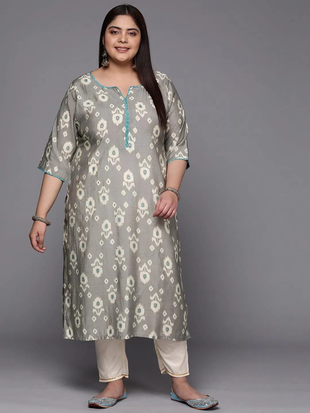 Plus Size Grey Printed Silk Straight Kurta - Libas 