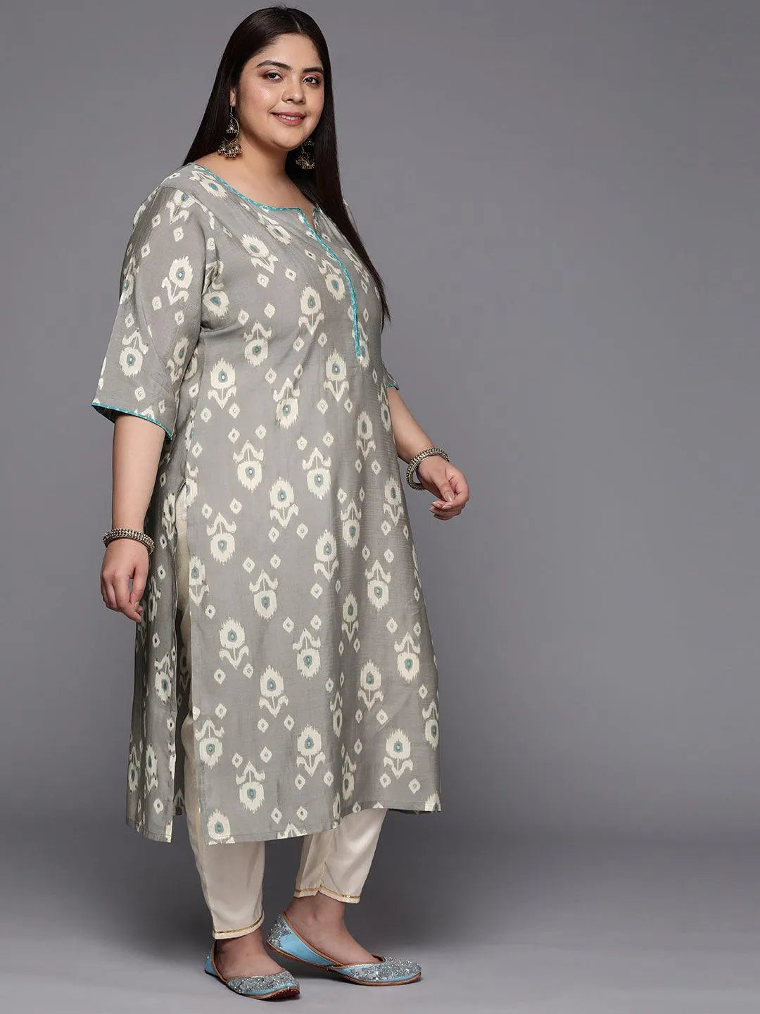 Plus Size Grey Printed Silk Straight Kurta - Libas 