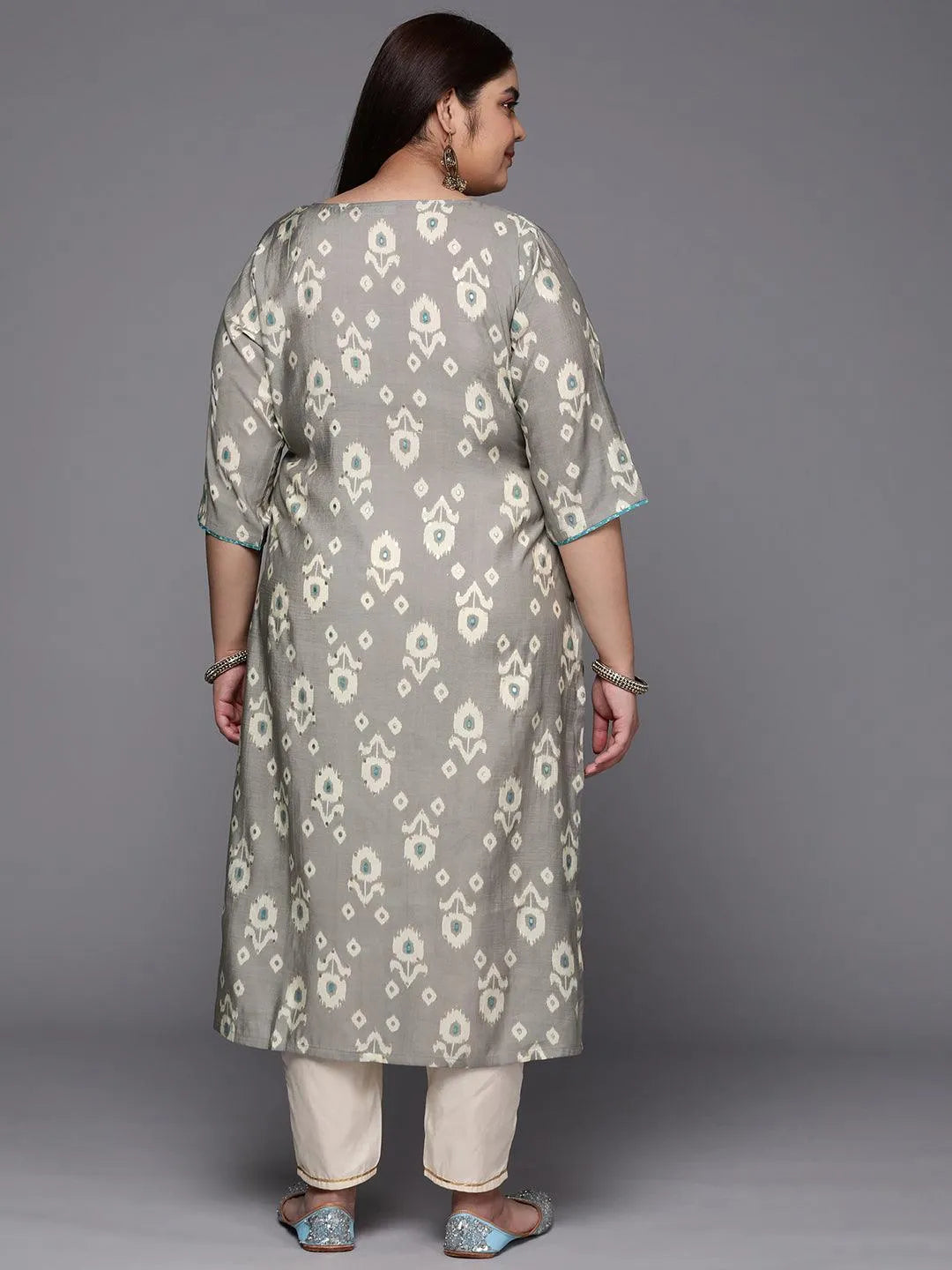 Plus Size Grey Printed Silk Straight Kurta - Libas 