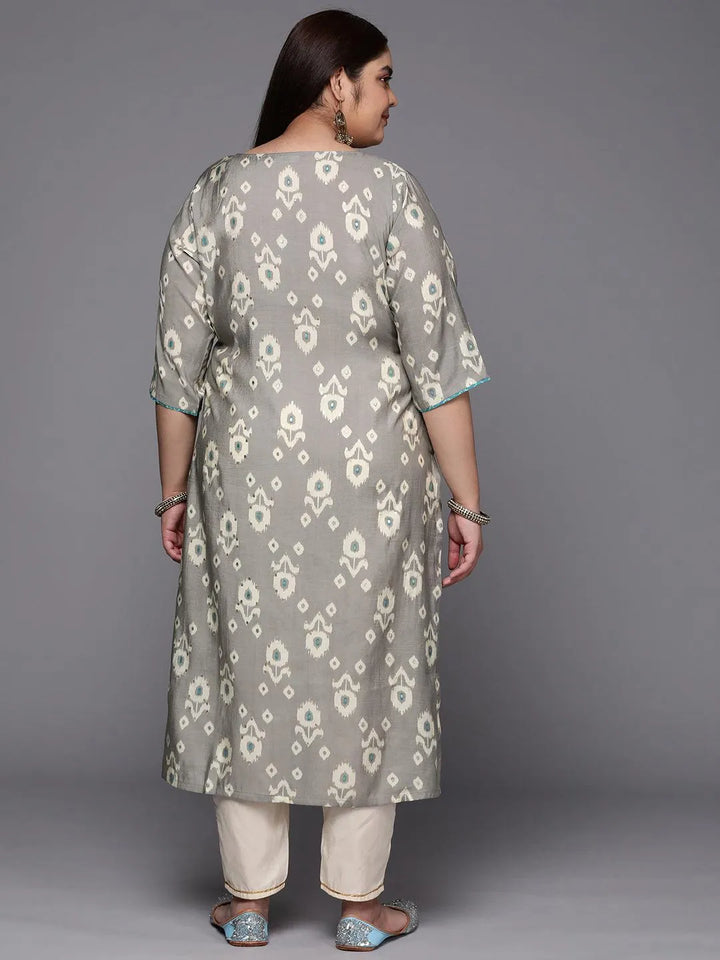 Plus Size Grey Printed Silk Straight Kurta - Libas