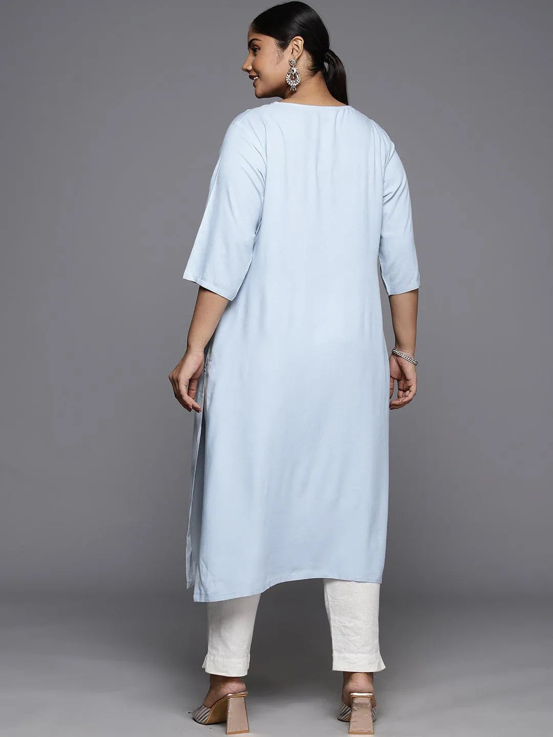 Plus Size Grey Rayon Yoke Design Straight Kurta - Libas