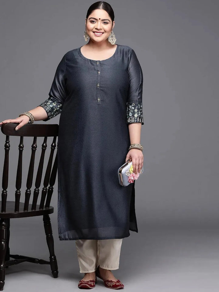 Plus Size Grey Solid Silk Kurta - Libas