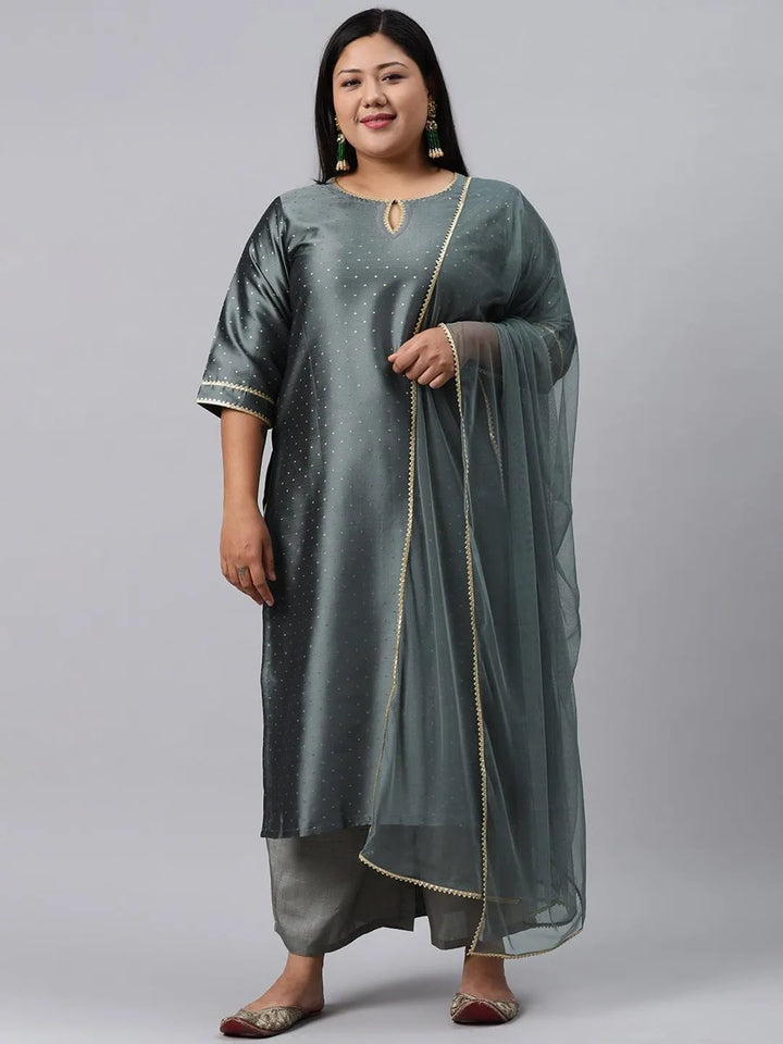 Plus Size Grey Woven Design Art Silk Suit Set - Libas