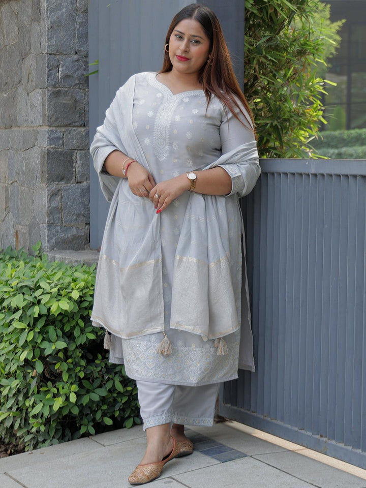 Plus Size Grey Woven Design Silk Blend Straight Kurta With Trousers & Dupatta - Libas