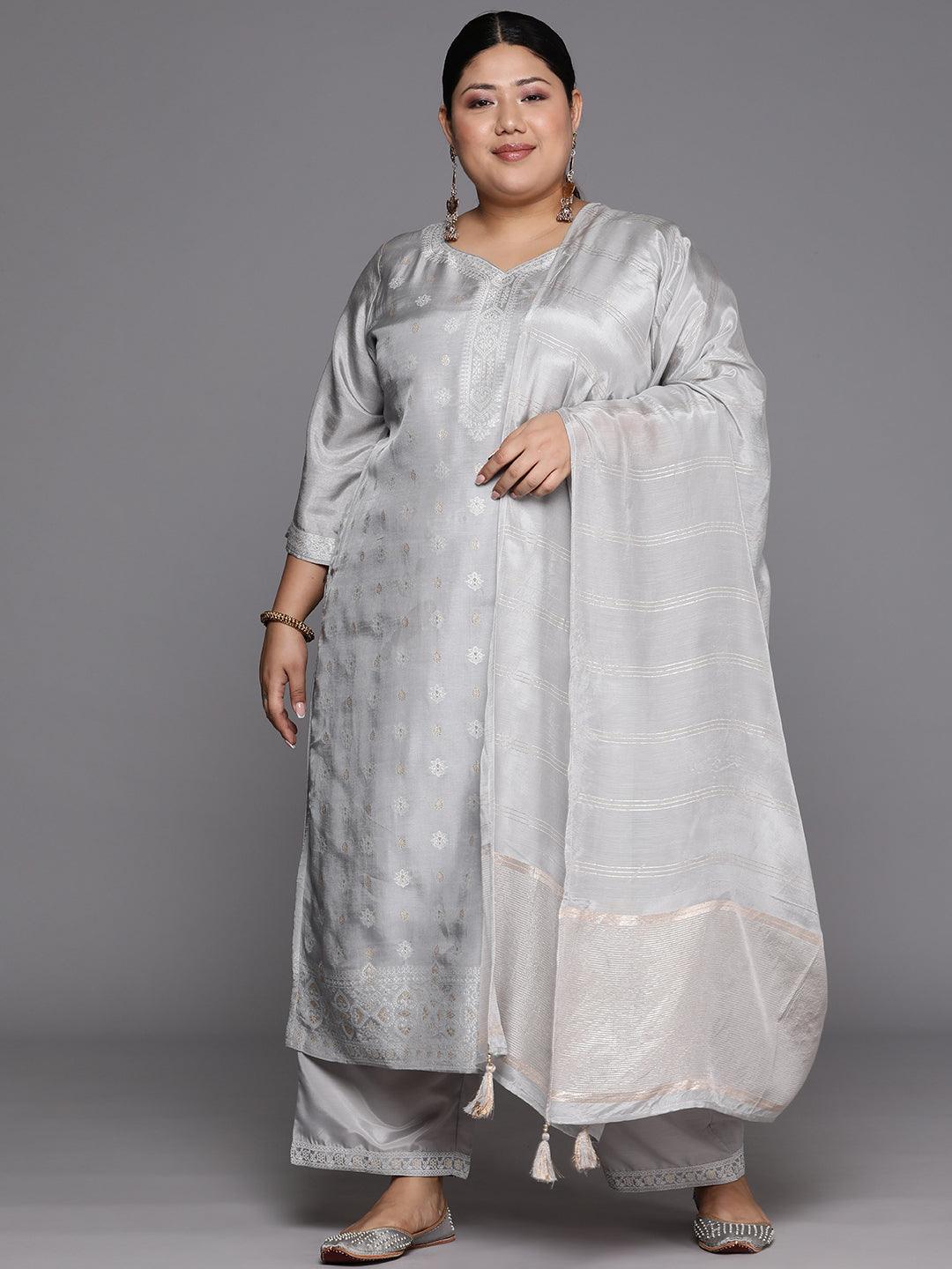 Plus Size Grey Woven Design Silk Blend Straight Suit Set - Libas