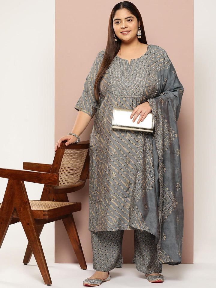 Plus Size Grey Yoke Design Silk Blend Straight Kurta With Trousers & Dupatta - Libas