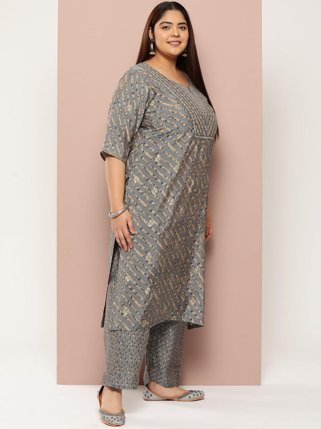 Plus Size Grey Yoke Design Silk Blend Straight Kurta With Trousers & Dupatta - Libas