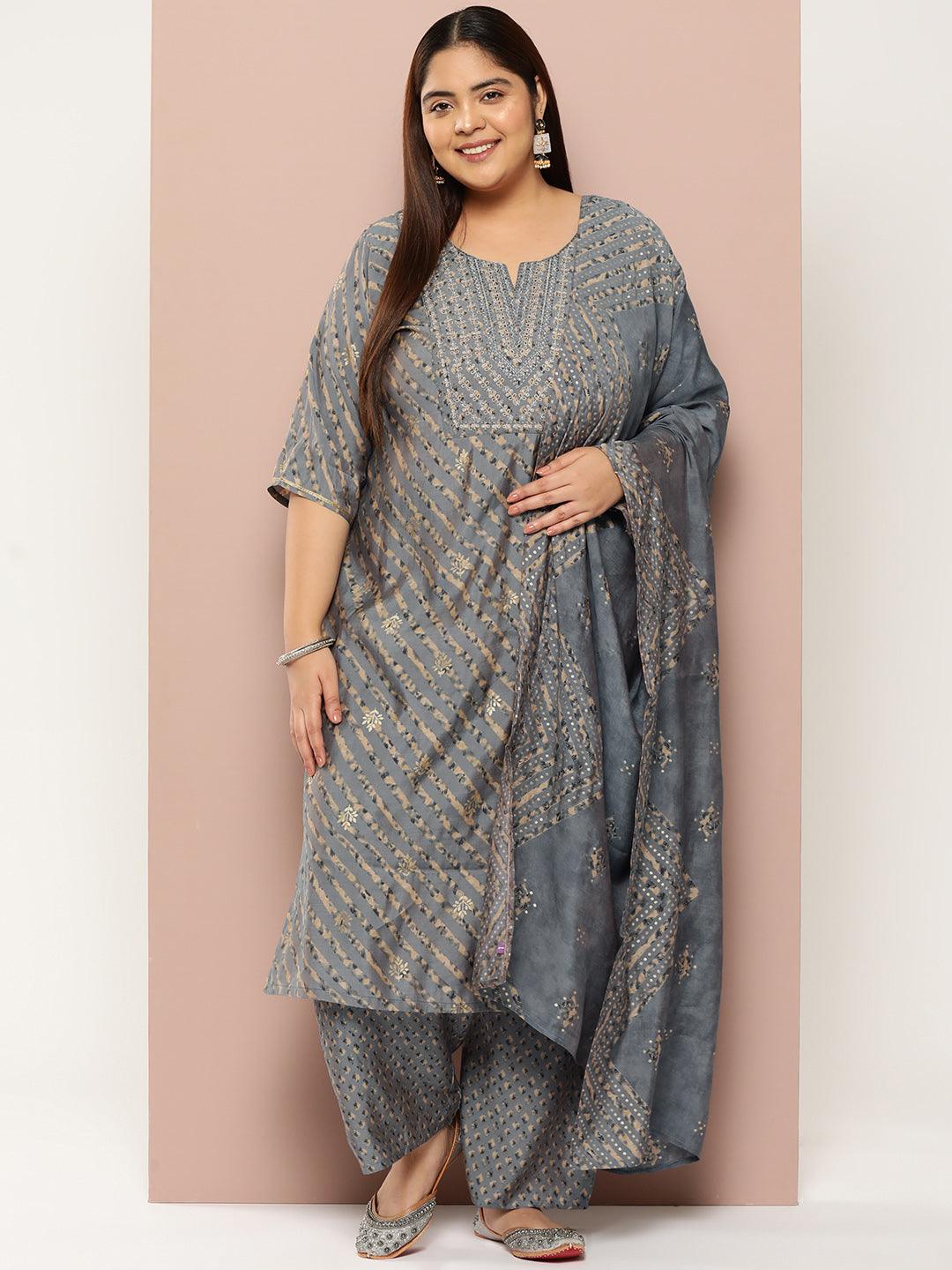 Plus Size Grey Yoke Design Silk Blend Straight Kurta With Trousers & Dupatta - Libas