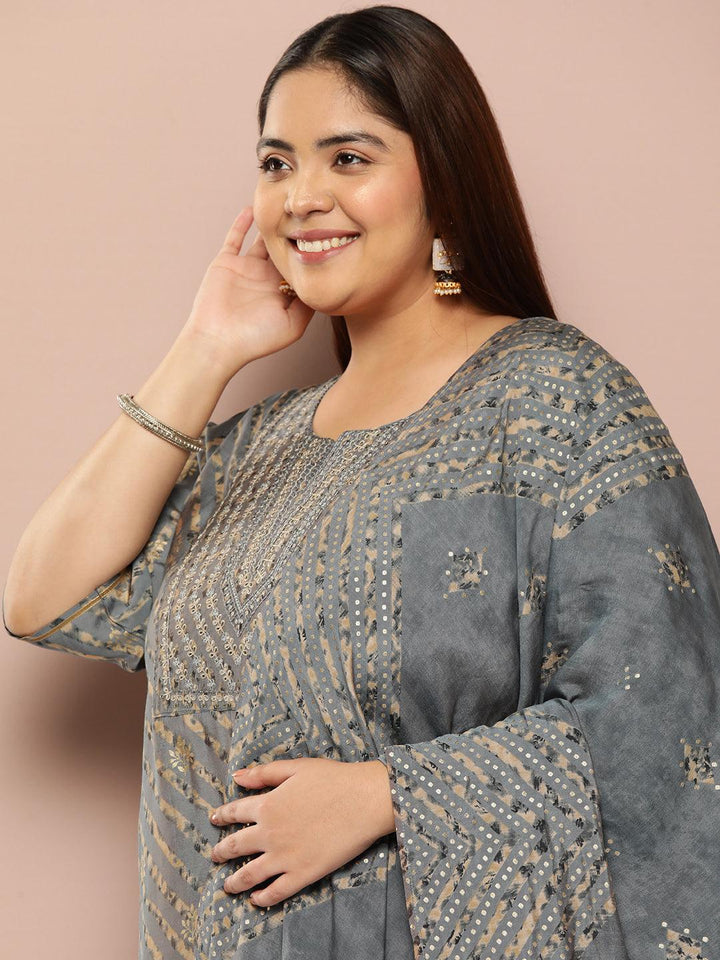 Plus Size Grey Yoke Design Silk Blend Straight Kurta With Trousers & Dupatta - Libas