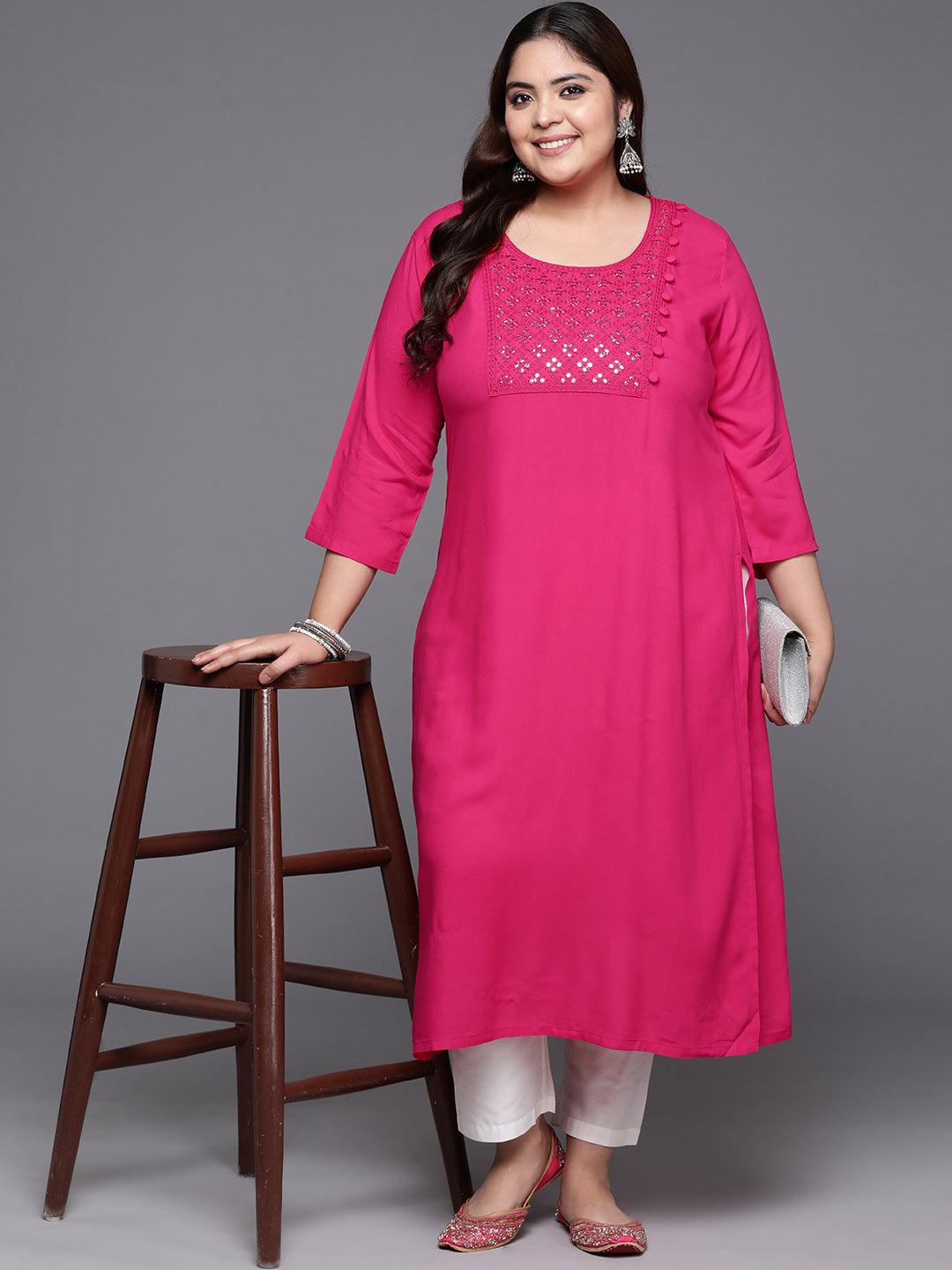 Plus Size Hot Pink Embellished Rayon Straight Kurta - Libas