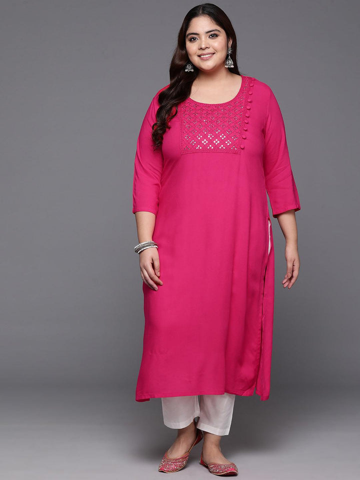 Plus Size Hot Pink Embellished Rayon Straight Kurta - Libas