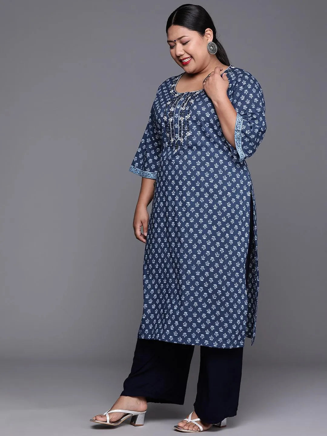 Plus Size Indigo Printed Cotton Kurta - Libas 