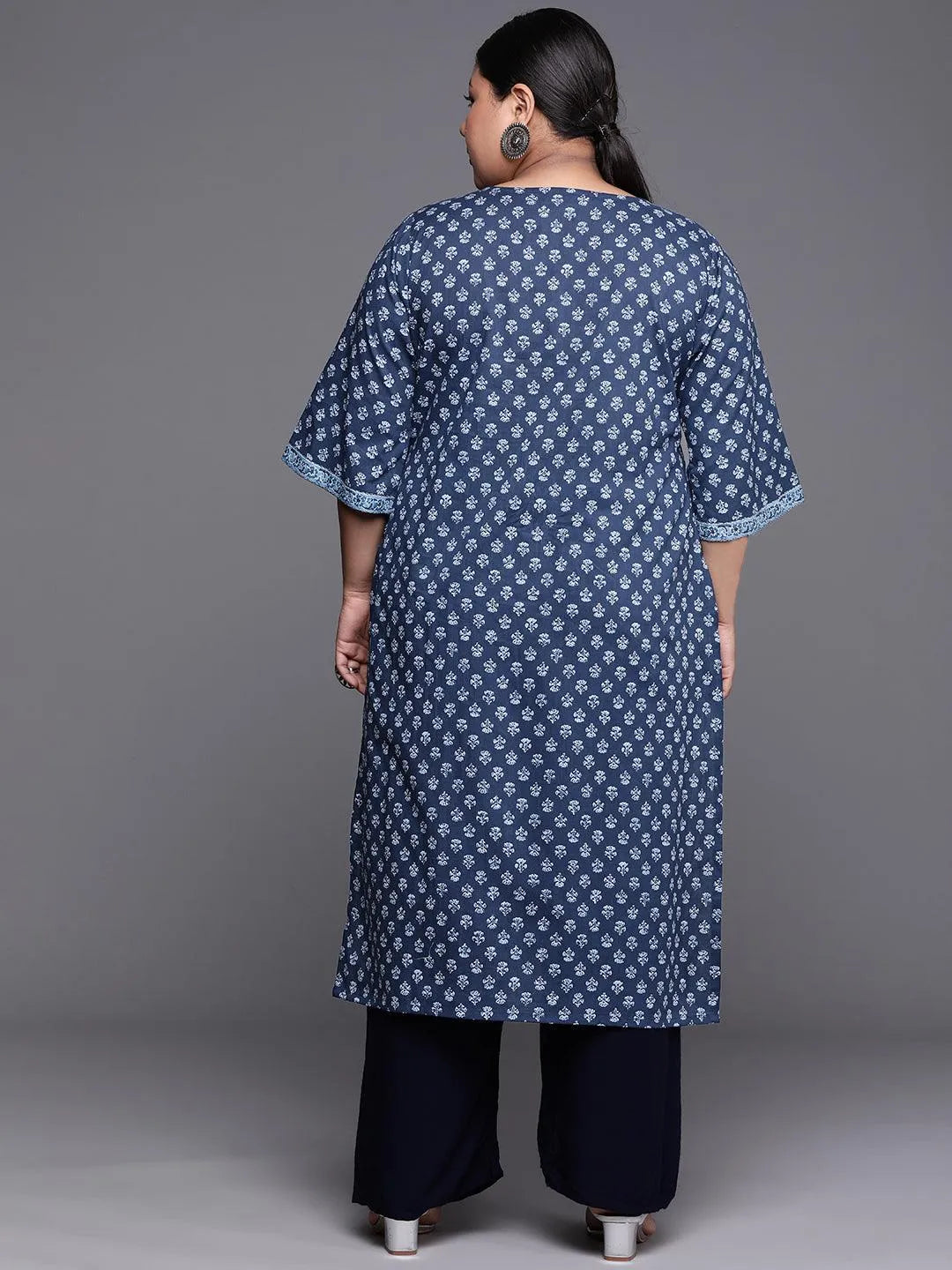 Plus Size Indigo Printed Cotton Kurta - Libas 