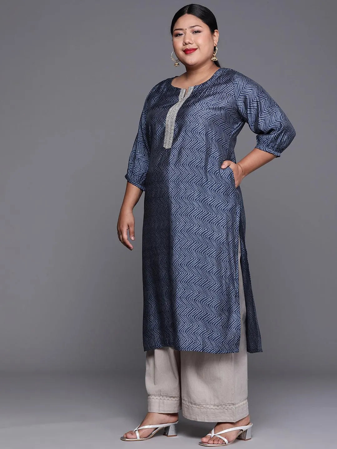 Plus Size Indigo Printed Silk Kurta - Libas 