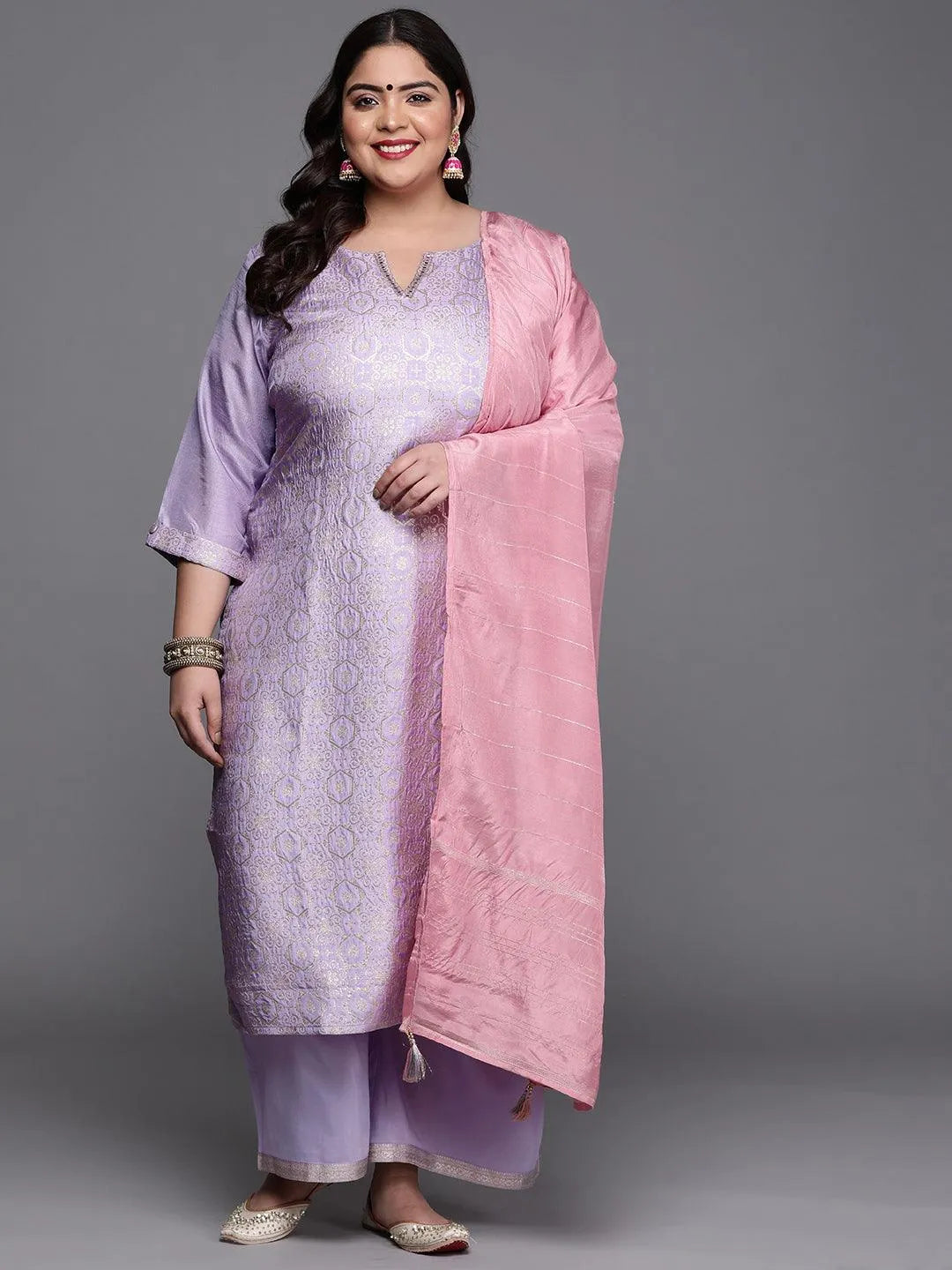 Plus Size Lavender Woven Design Silk Blend Suit Set - Libas 