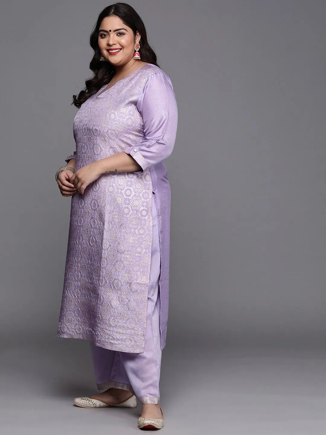 Plus Size Lavender Woven Design Silk Blend Suit Set - Libas 