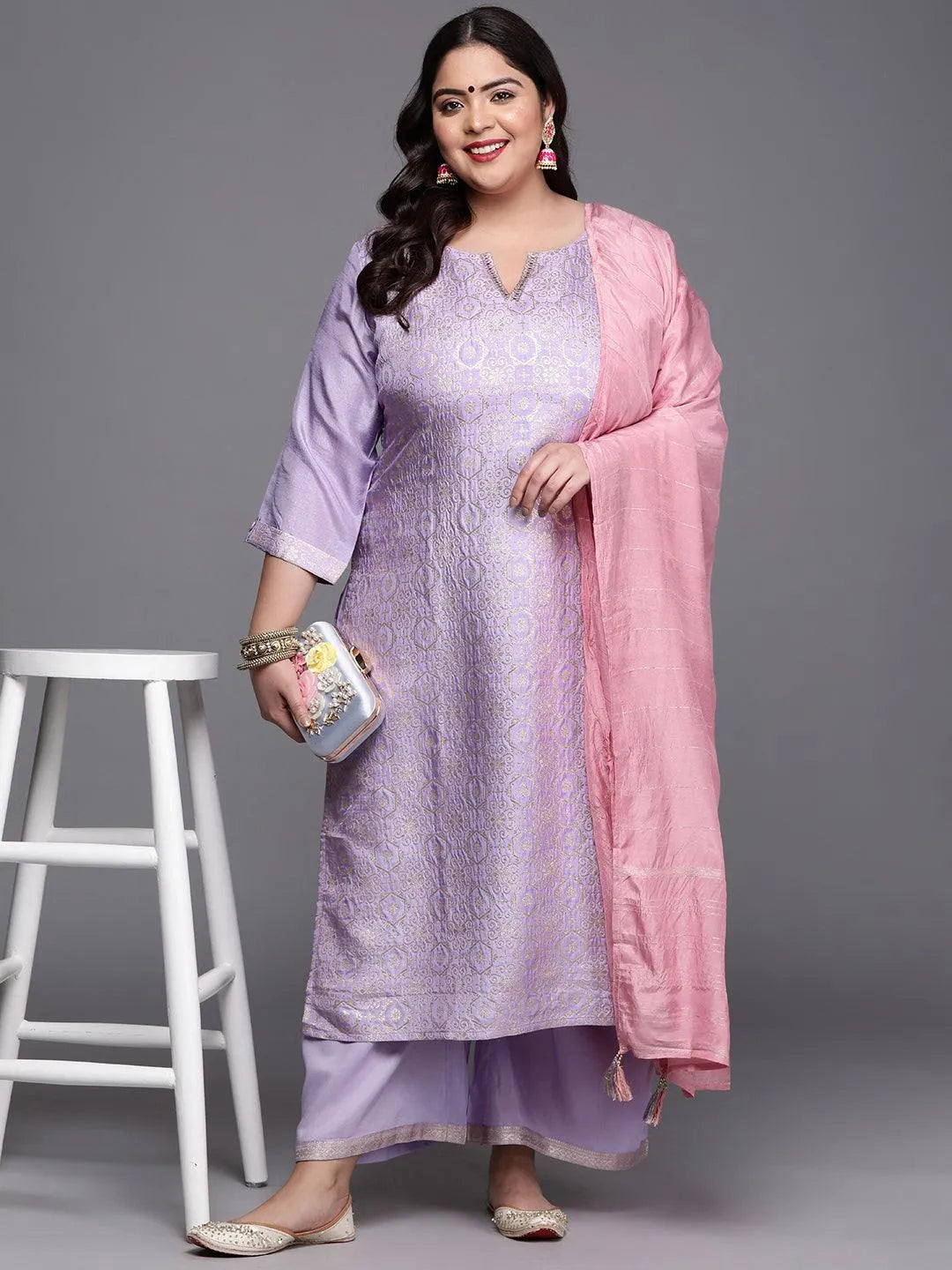 Plus Size Lavender Woven Design Silk Blend Suit Set - Libas 